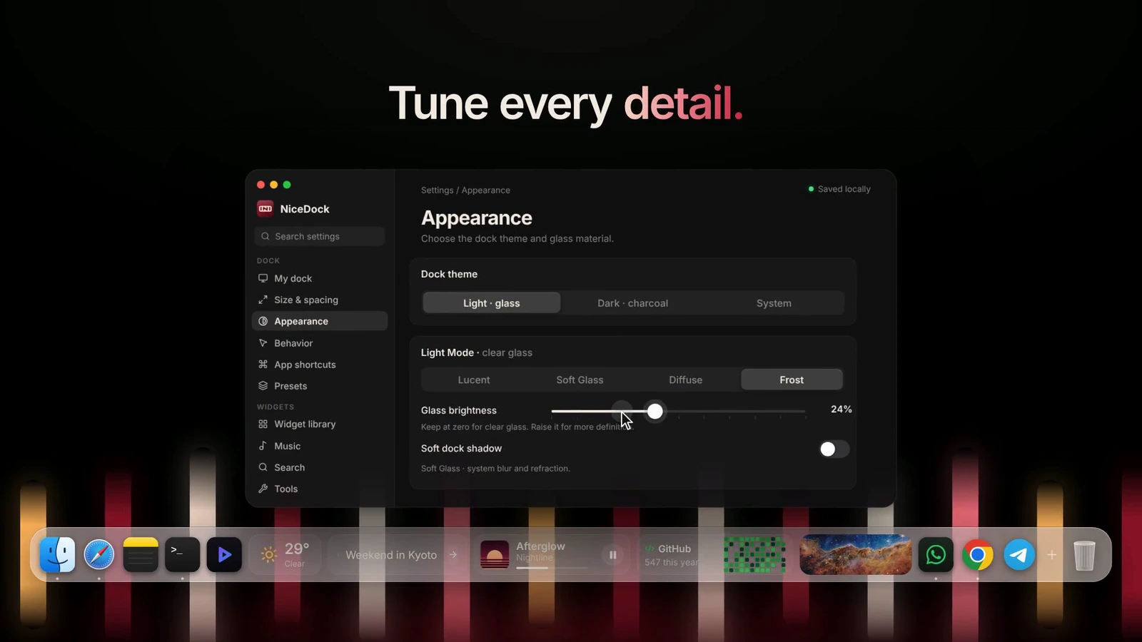 NiceDock Appearance settings with Light glass selected, glass material choices, brightness, and dock shadow controls.