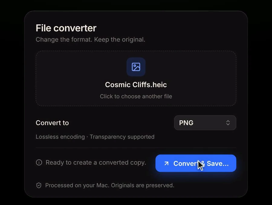 NiceDock’s File converter set to export Cosmic Cliffs.heic as PNG, with a separate Convert and Save action.