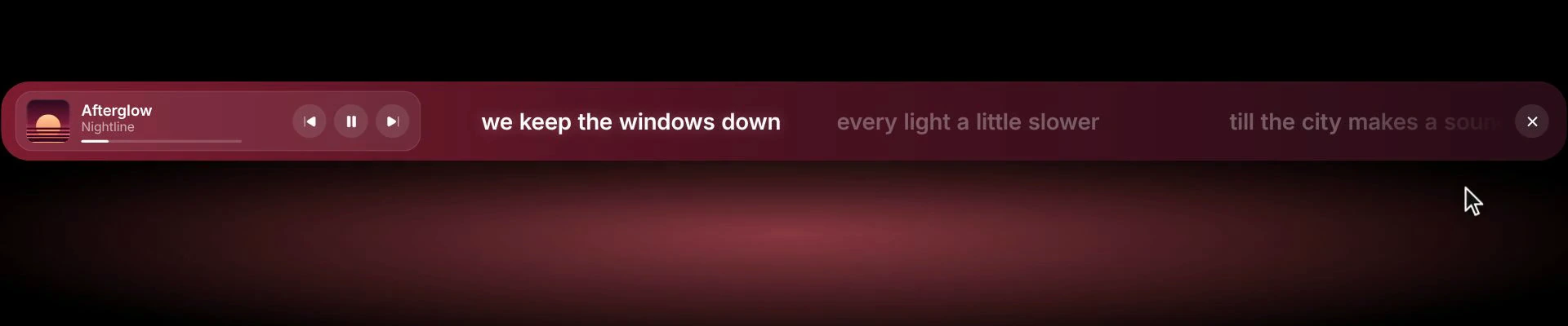 NiceDock Music Mode with album artwork, playback controls, and lyrics across a rose-tinted dock.