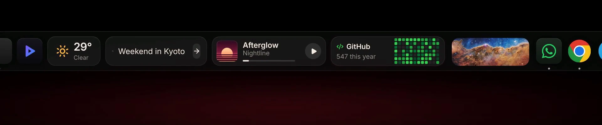 NiceDock Widgets Mode with weather, search, music playback, GitHub activity, and a photo beside app icons.